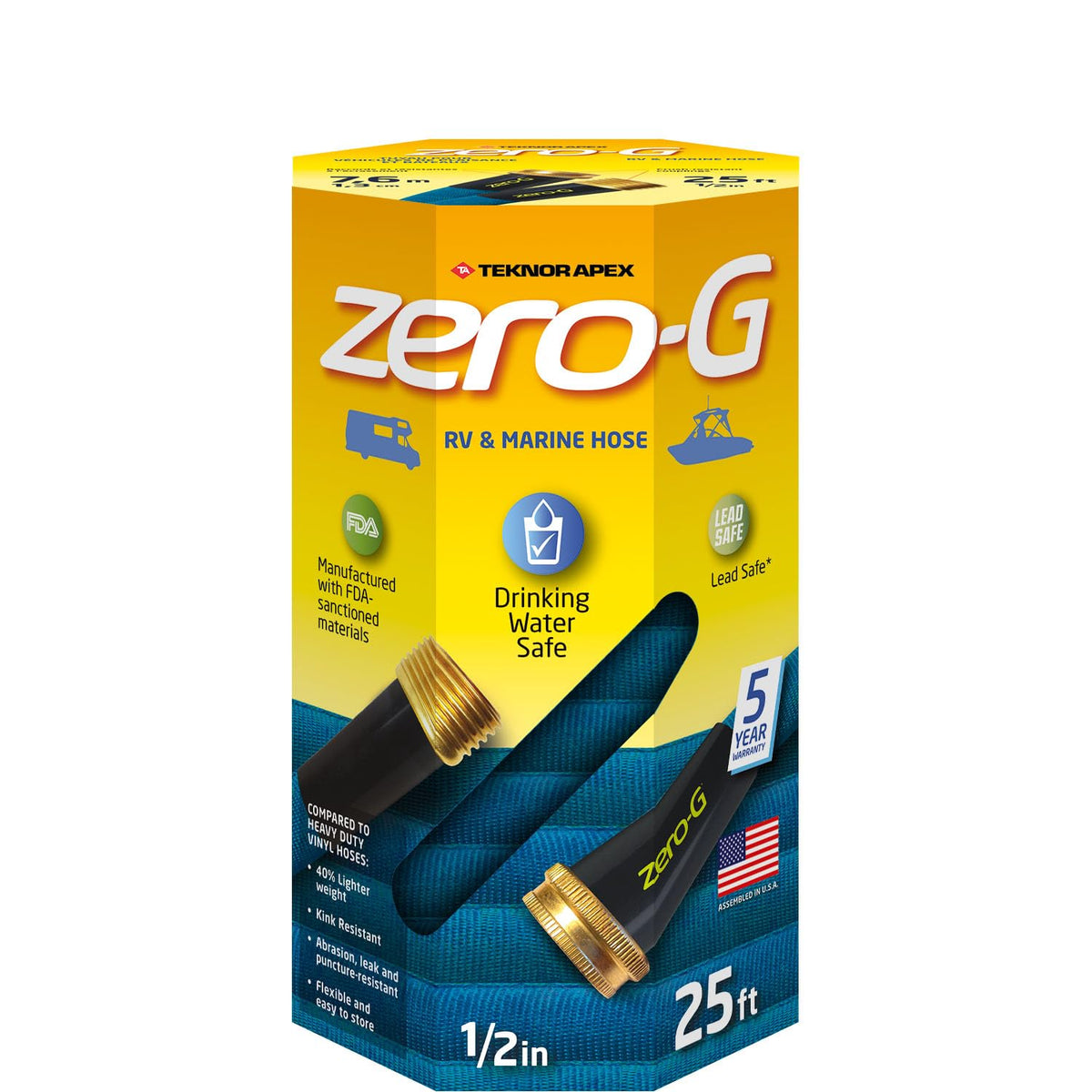 Teknor Apex ZERO-G front packaging showing compact 25ft hose, easy storage benefit