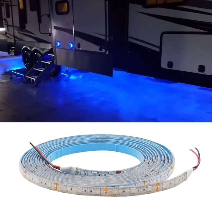 TEKSHINNY front packaging showing 16.4ft blue RV underglow kit, clear product benefit