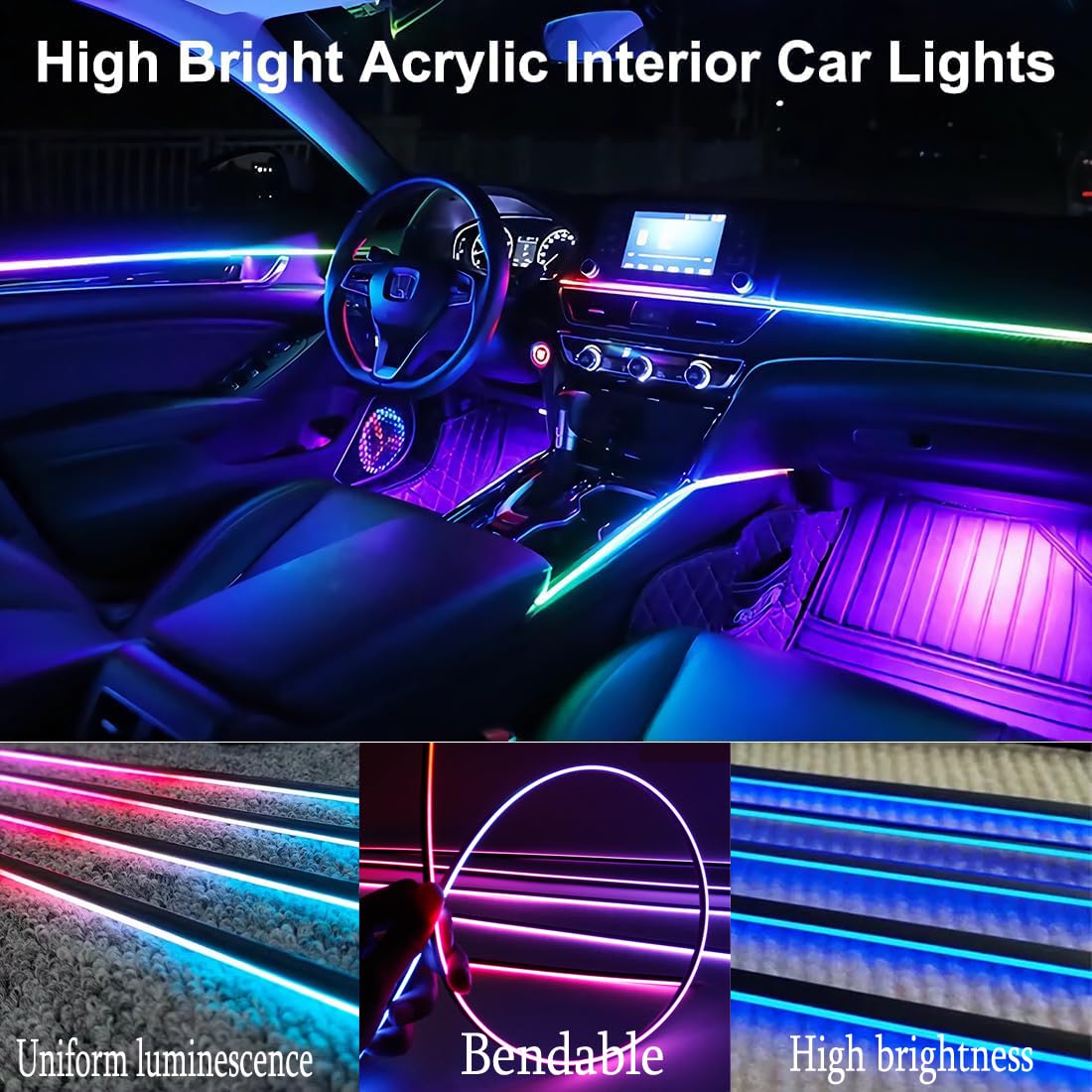 TEKSHINNY strips installed under dashboard creating ambient mood lighting