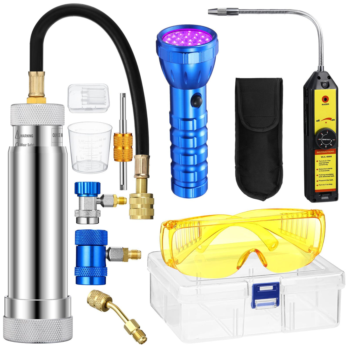 Tellegloww kit front packaging showing full leak detector set and adapters for quick identification