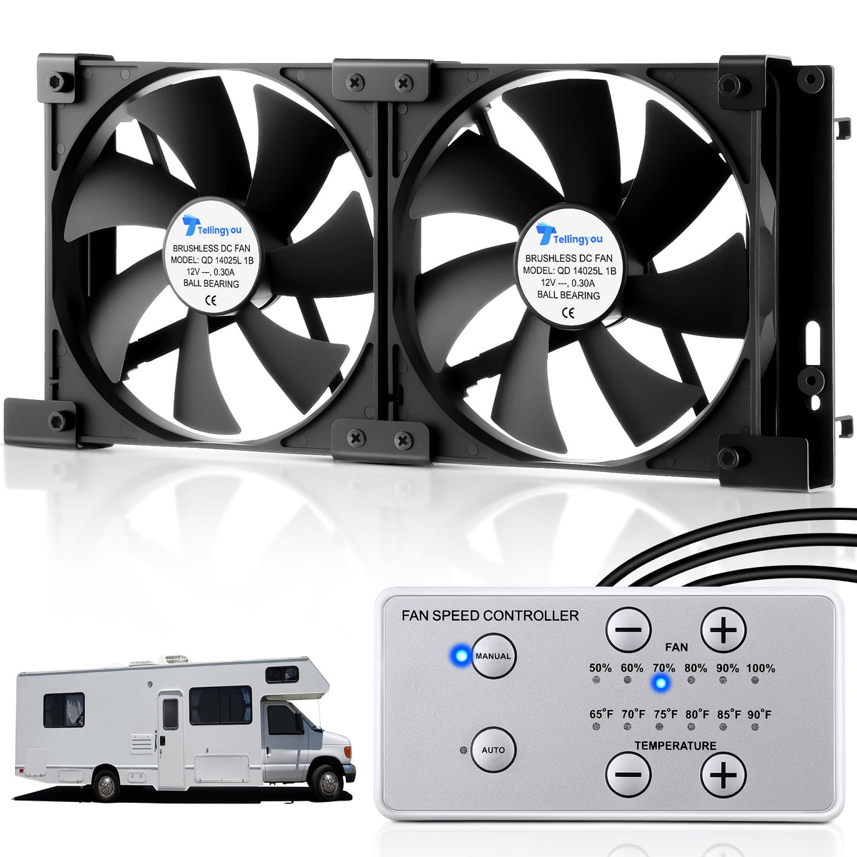 Tellingyou front view showing dual fans and vent improving airflow