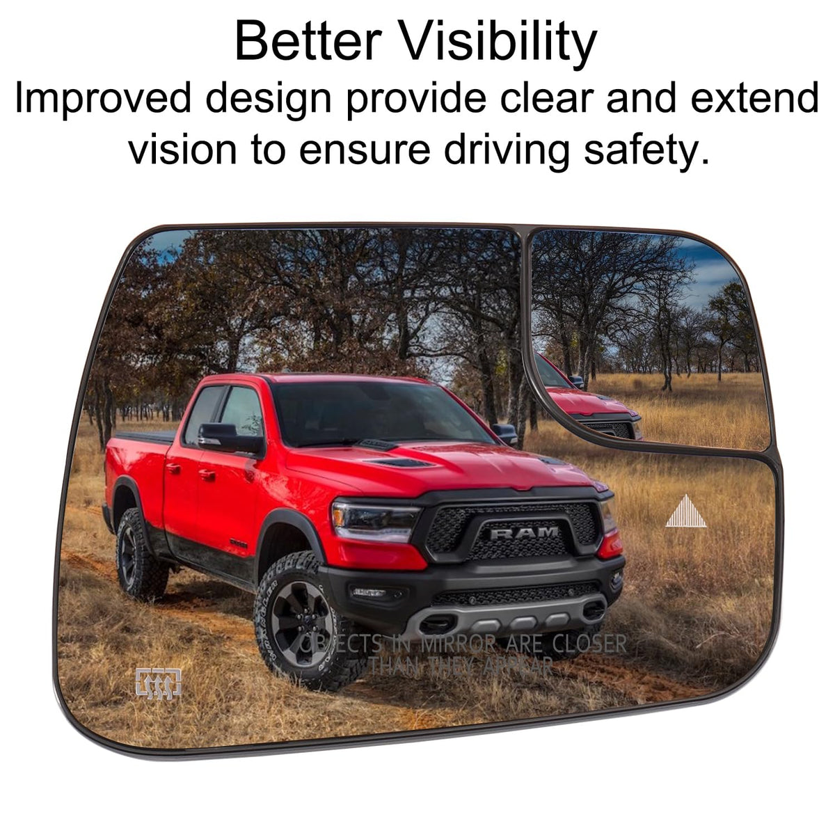 Tempsnow mirror mounted on Ram 1500 in lifestyle shot demonstrating restored visibility and style