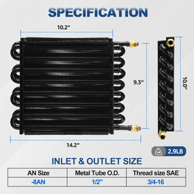 TEMSONE close-up of inlet and outlet ports showing -8AN compatibility and secure connection