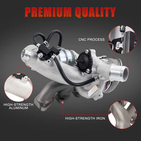 TEMSONE turbo installed in engine bay illustrating direct-replacement fit and routing