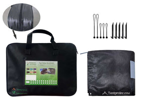 Tentproinc plastic stakes and bungees laid out for secure anchoring
