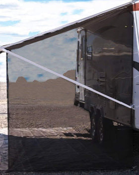Tentproinc front view installed on RV awning showing shaded area and comfort