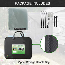 Tentproinc hardware set showing stakes hooks bungees for secure attachment