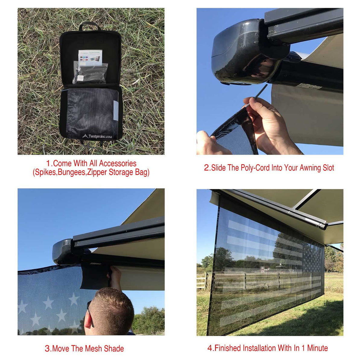 Tentproinc installed on RV demonstrating shaded patio and wind reduction