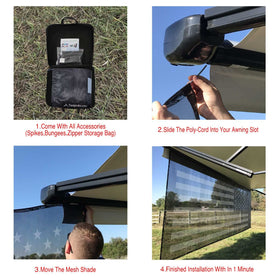 Tentproinc installed on RV demonstrating shaded patio and wind reduction