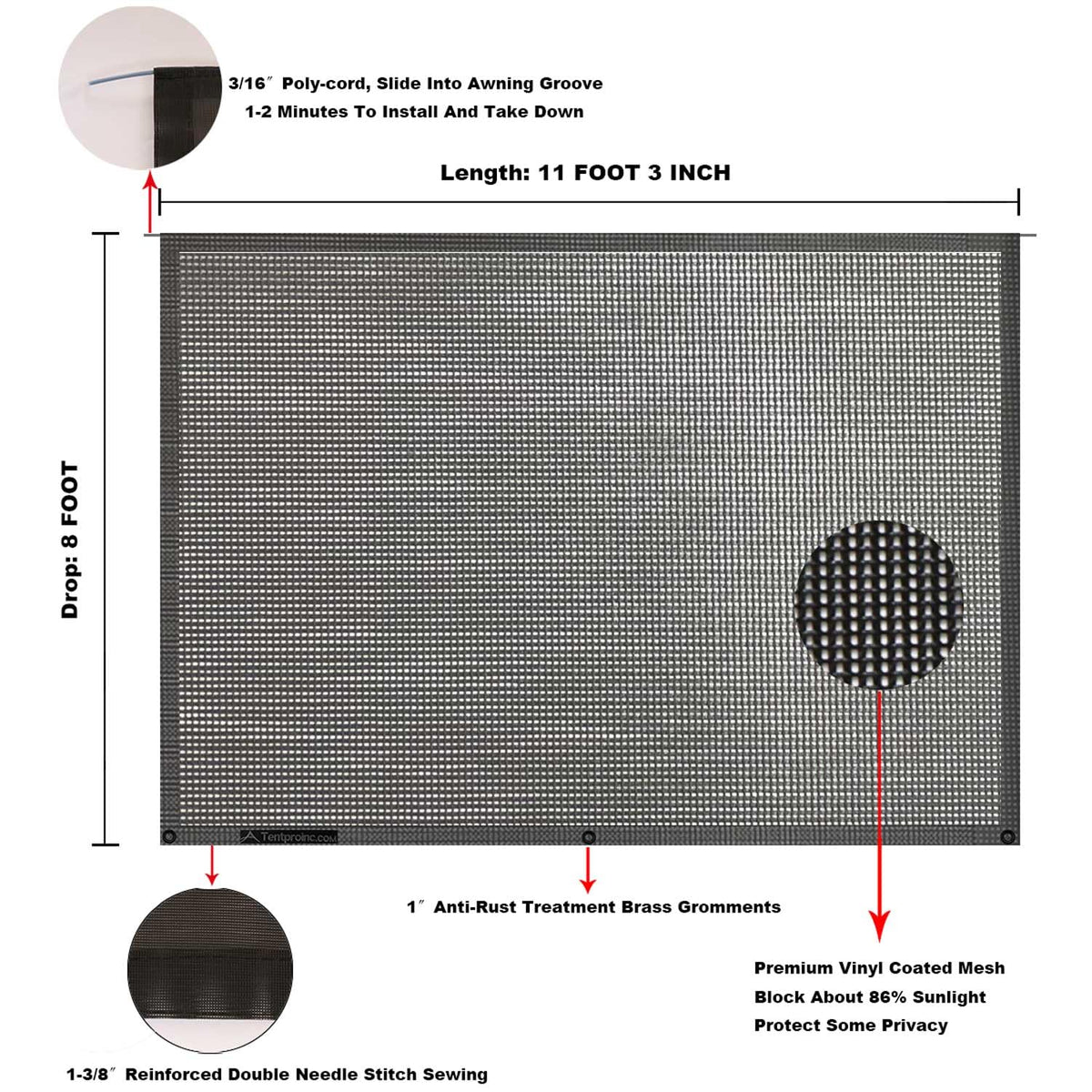 Tentproinc size comparison with person showing real 8'x11'3" coverage