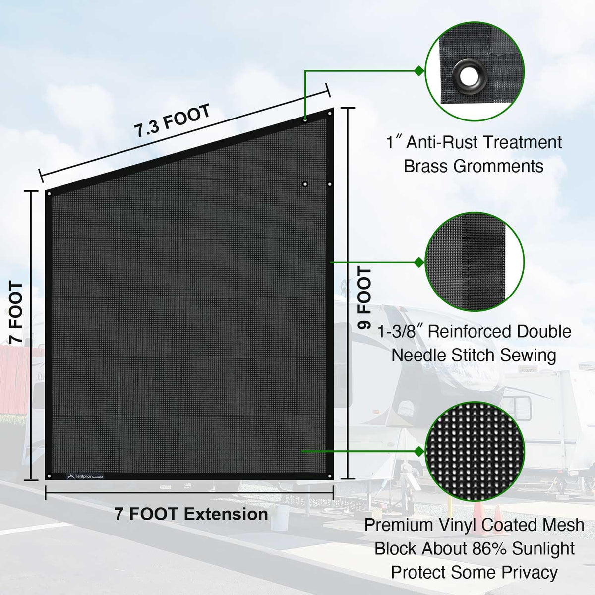 Tentproinc side screen attached to camper trailer providing shaded living space