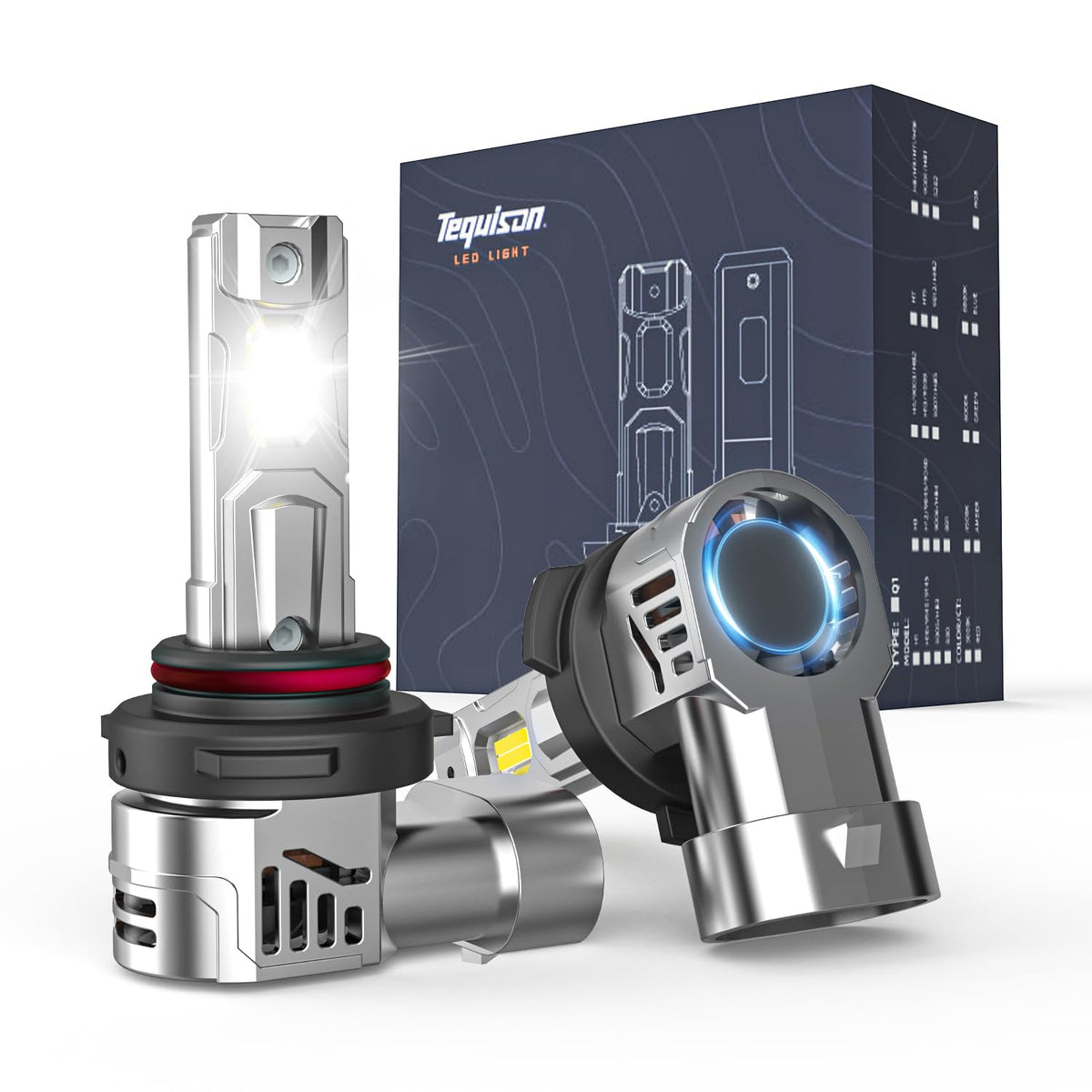 Tequison 9005/HB3 front view showing the pair and packaging for quick recognition and purchase confidence