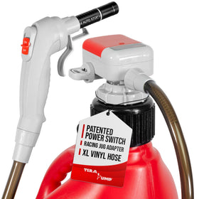 TERA PUMP front view showing compact pump and hose, easy transport benefit