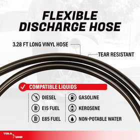 TERA PUMP intake hose reaching bottom of tall gas jug to ensure near-total emptying