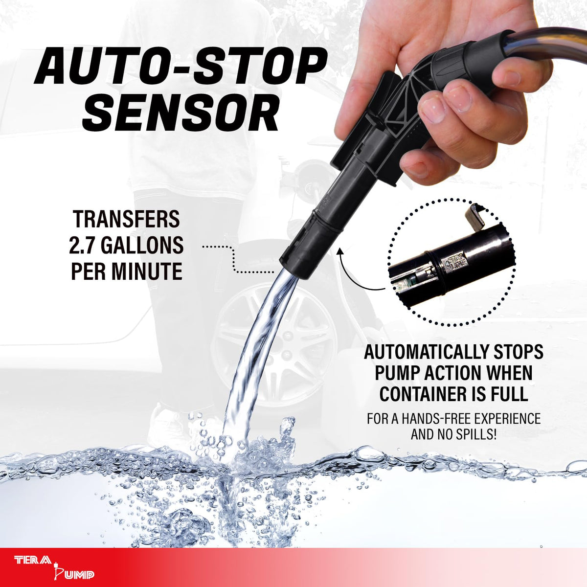 TERA PUMP nozzle closeup with ergonomic handle for comfortable spill-free operation
