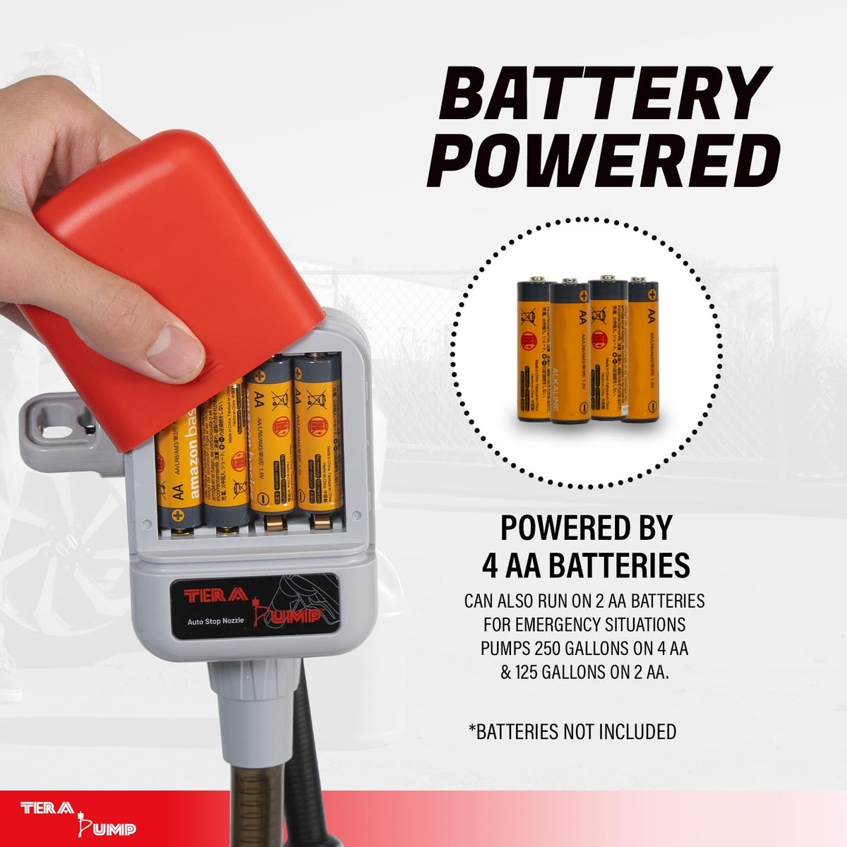 TERA PUMP nozzle close-up with ergonomic grip and auto-stop sensor advantage