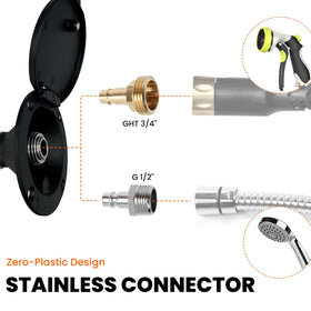 Terapaton dual adapters laid out showing G1/2 and GHT 3/4 compatibility benefit