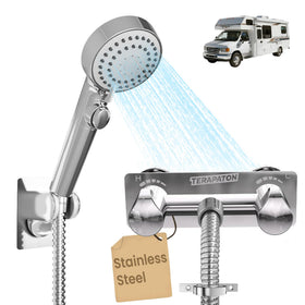Terapaton front faucet assembly showing compact metal design and durable finish