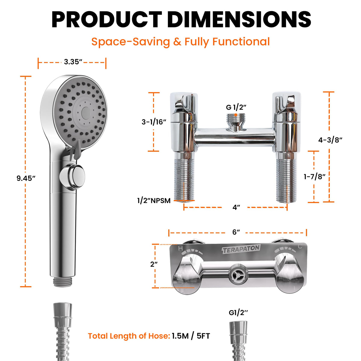 Terapaton handheld showerhead close-up showing five modes and easy grip