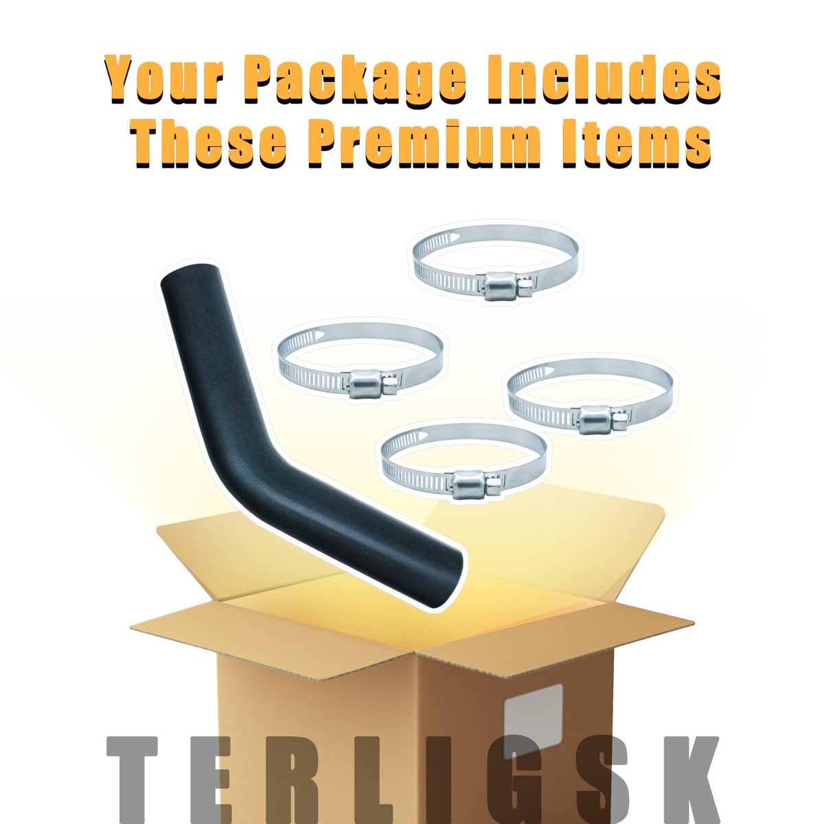 TERLIGSK four supplied hose clamps on hose ends showing secure sealing benefit