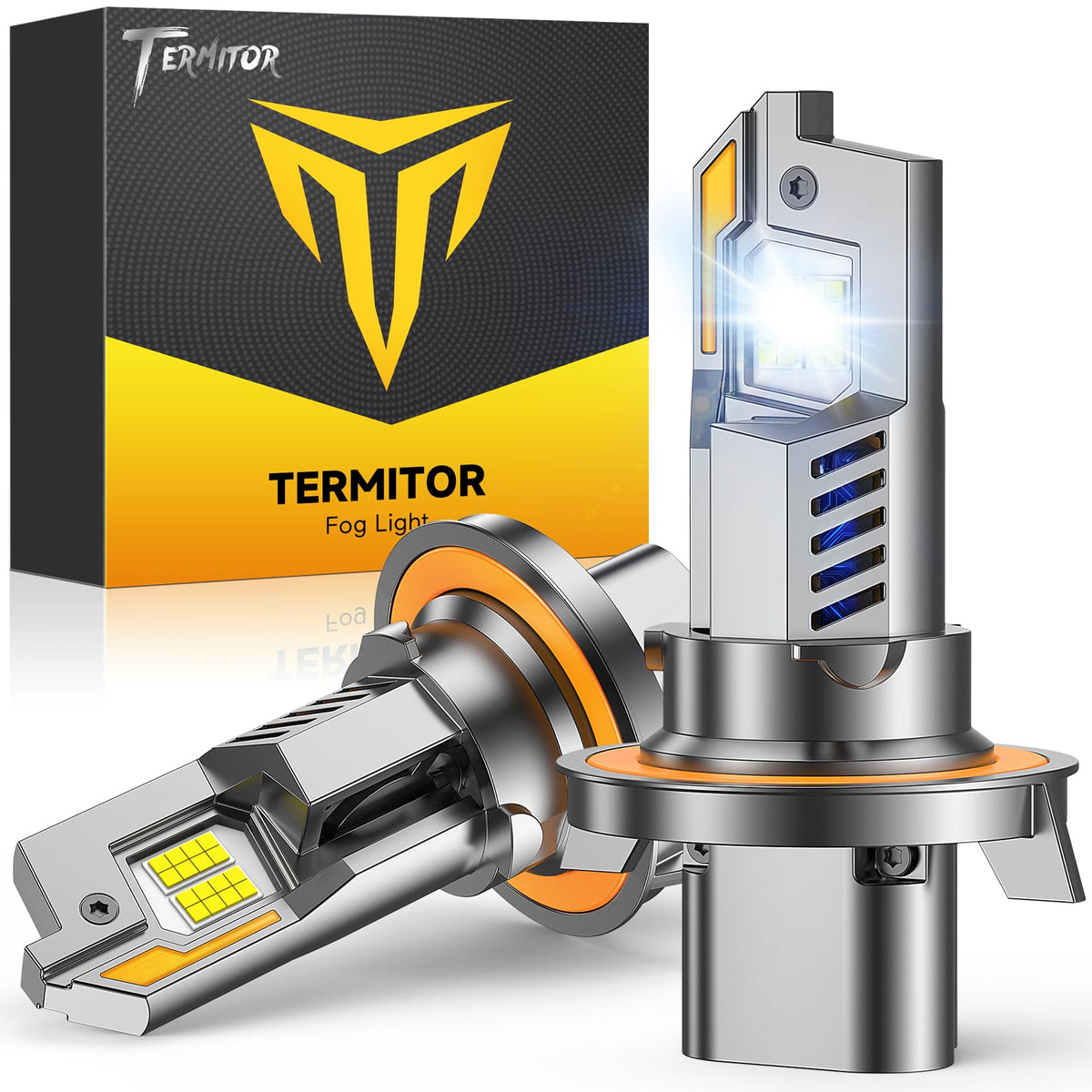 Termitor front view of H13/9008 bulb showing plug-and-play fit and improved visibility