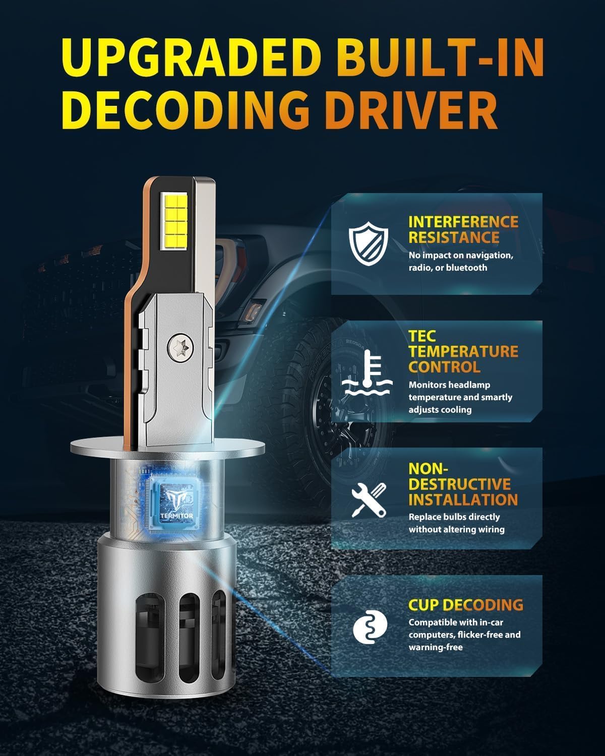 Termitor installed on vehicle headlight illustrating brighter nighttime visibility