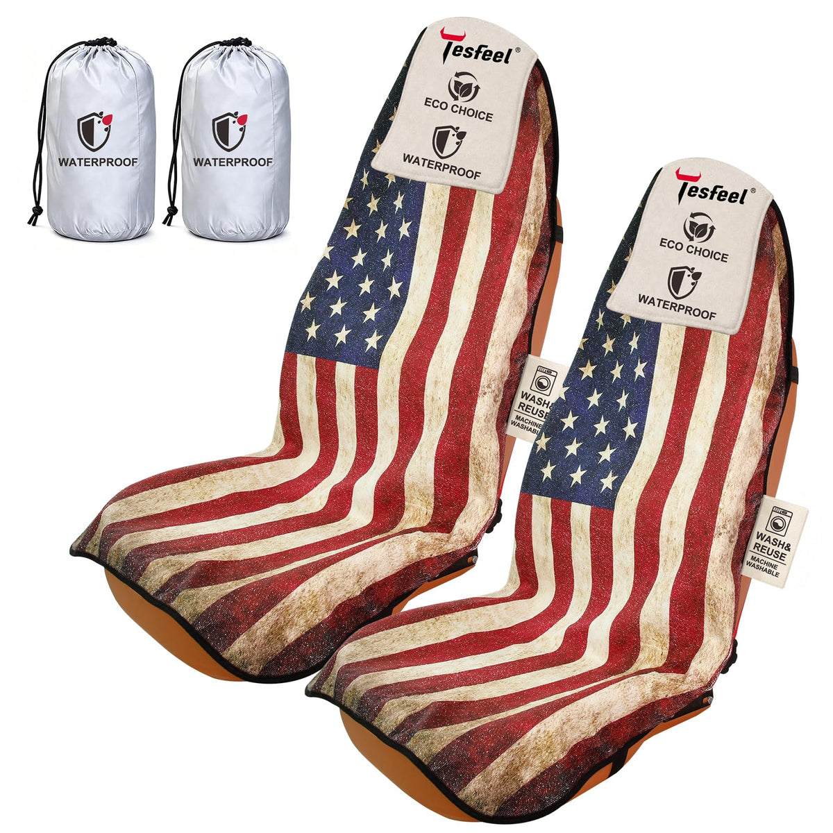 TESFEEL front view of American Flag seat towel showing full coverage and patriotic look