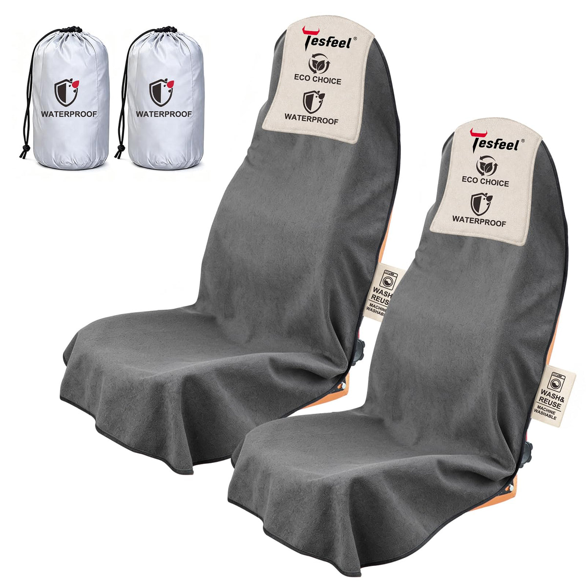 TESFEEL front packaging view showing two gray seat covers and benefits