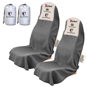 TESFEEL front packaging view showing two gray seat covers and benefits