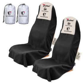 TESFEEL front packaging view showing two black seat towels and travel bag, ready to protect seats