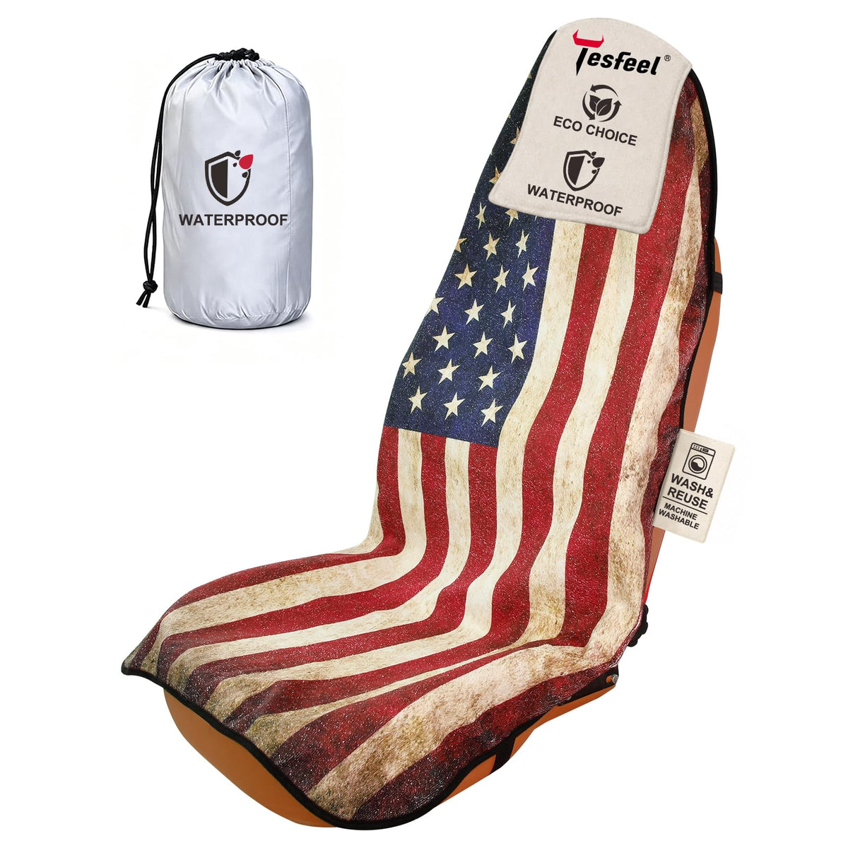 TESFEEL front view of seat cover showing American Flag protecting seat