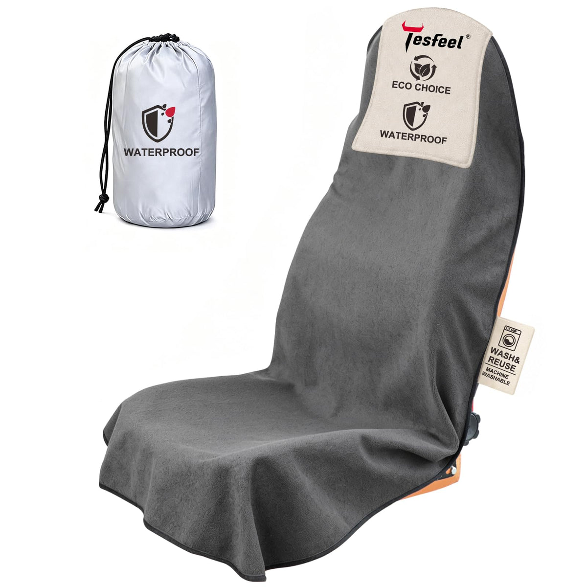 TESFEEL front seat cover shown protecting upholstery and adding comfort