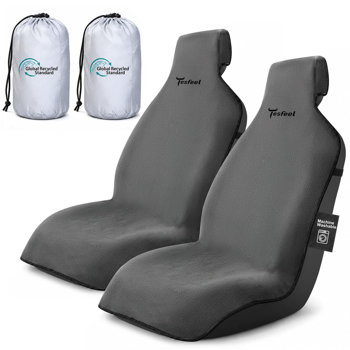 TESFEEL front view of gray seat covers showing full coverage and protection