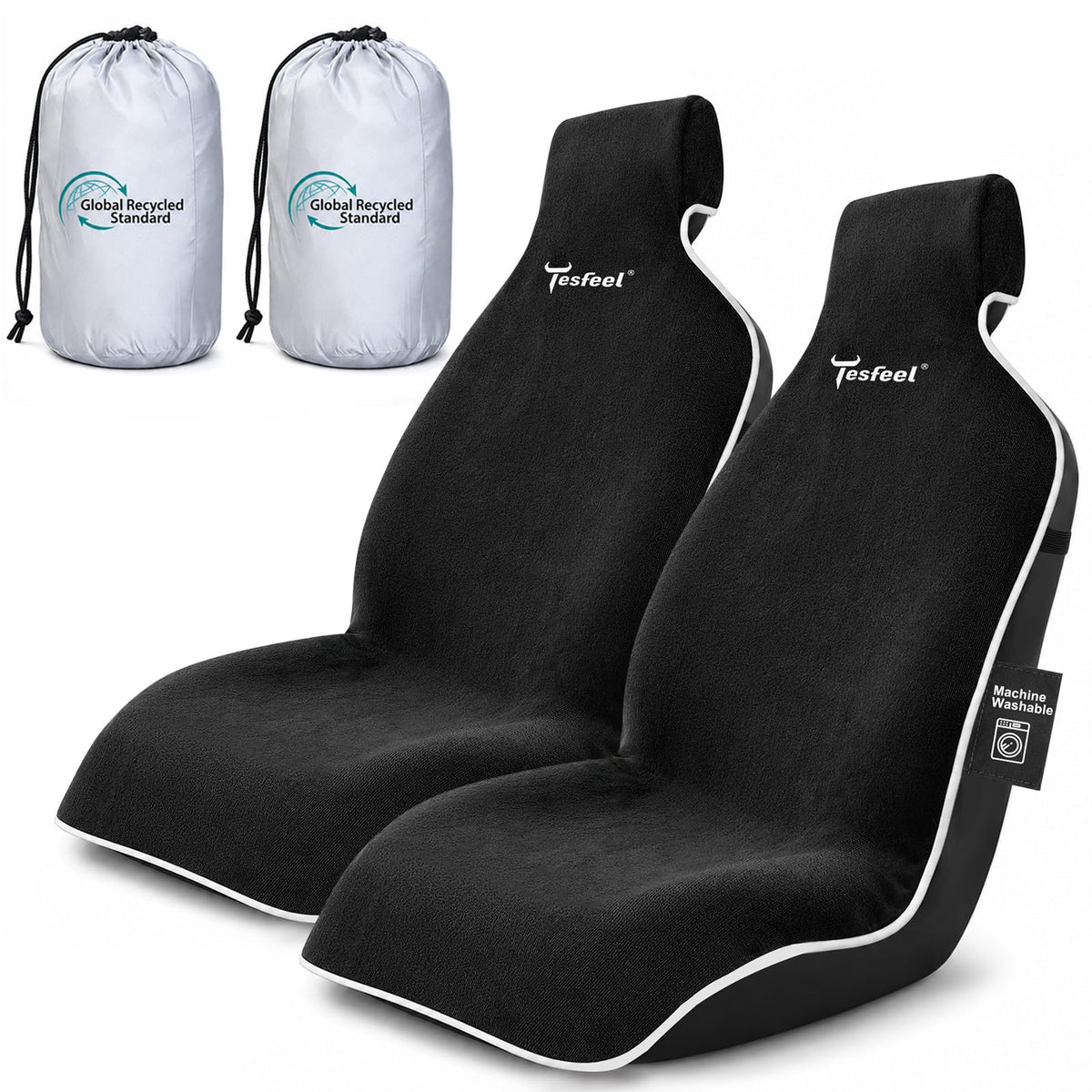 TESFEEL front view showing both black seat covers and clean protection