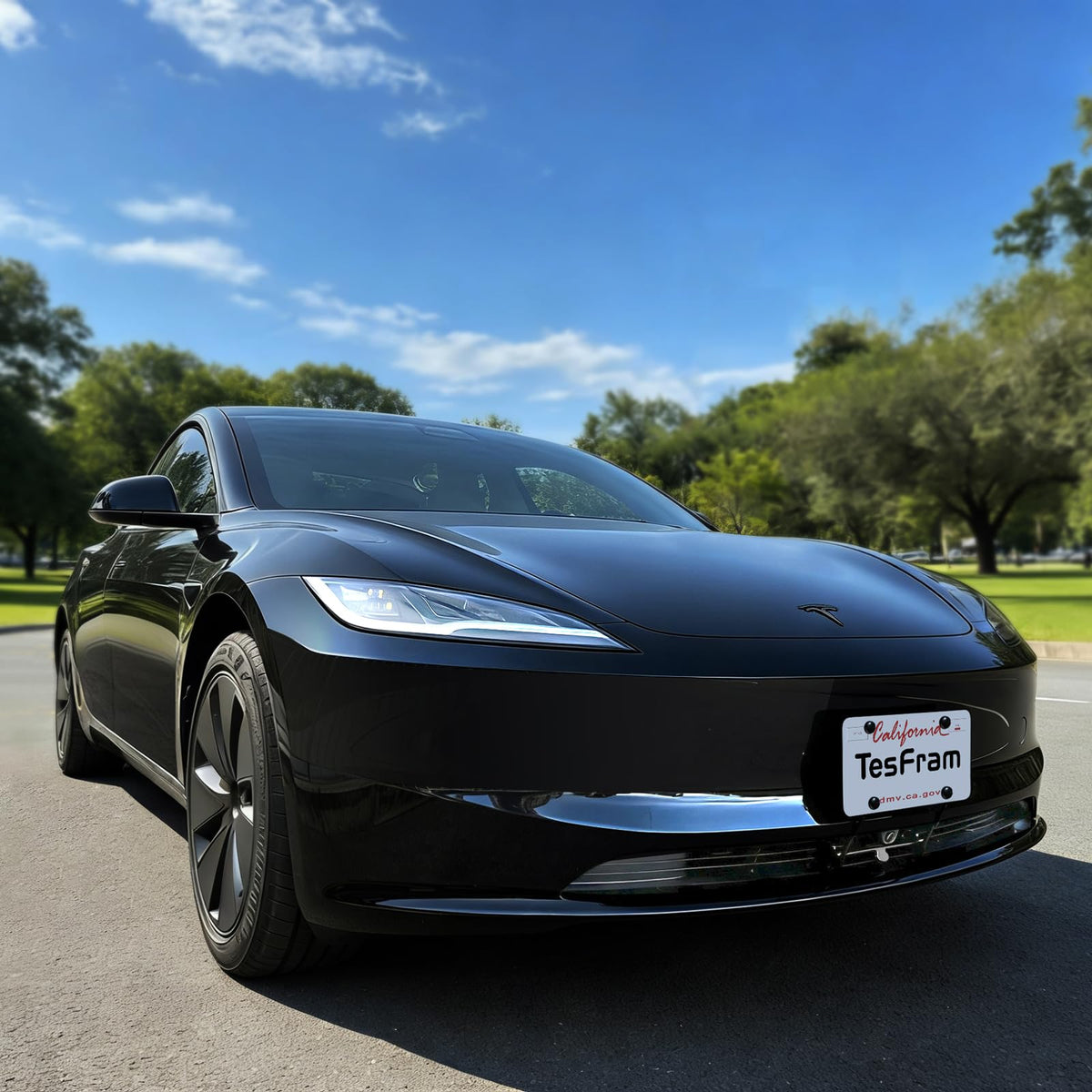 TesFram on Model 3 in driveway illustrating seamless styling benefit