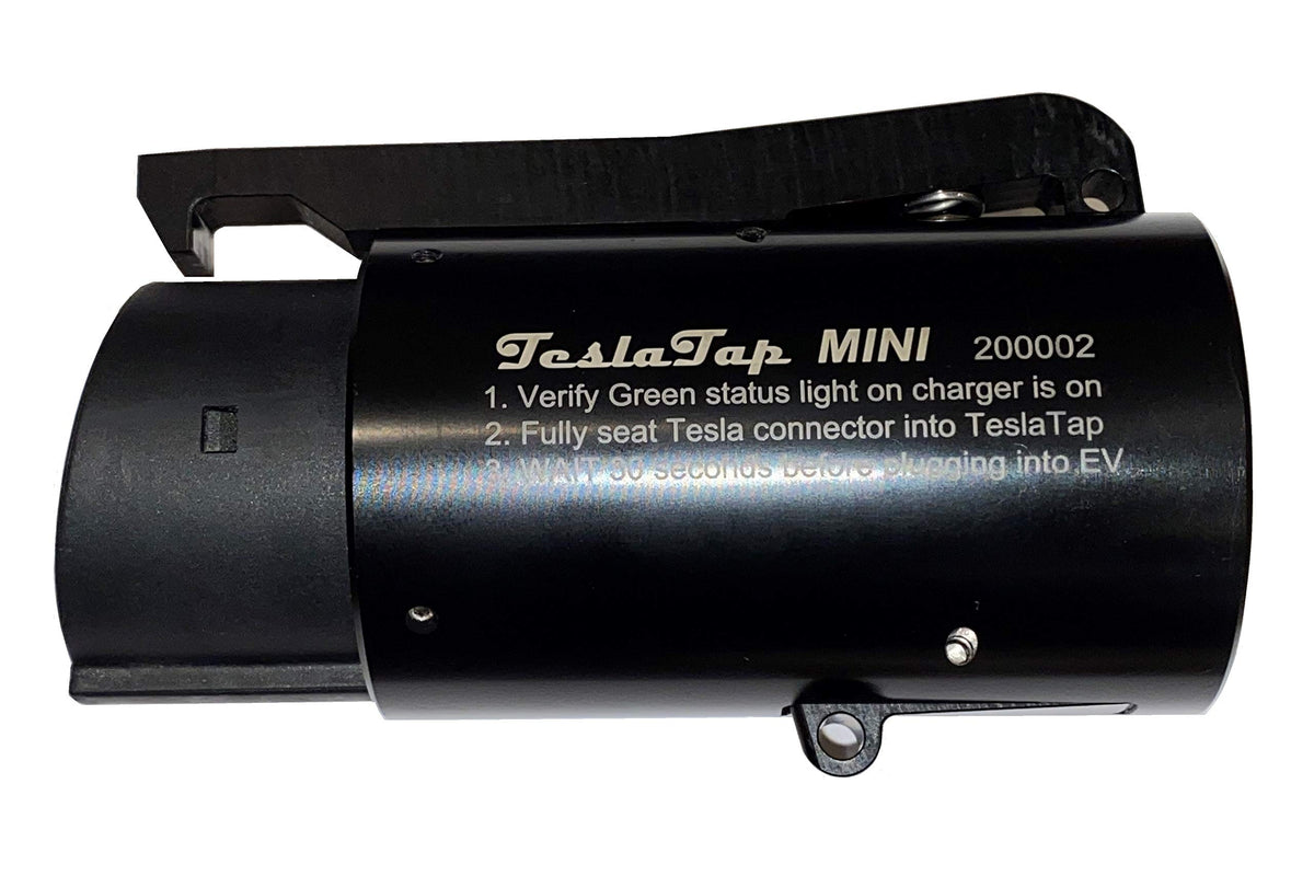 TeslaTap Mini front view showing plug and brand, ensures compatibility