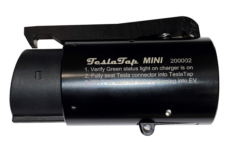 TeslaTap Mini front view showing plug and brand, ensures compatibility