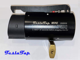 TeslaTap Mini locking levers detail, TeslaTap secures plug during charge