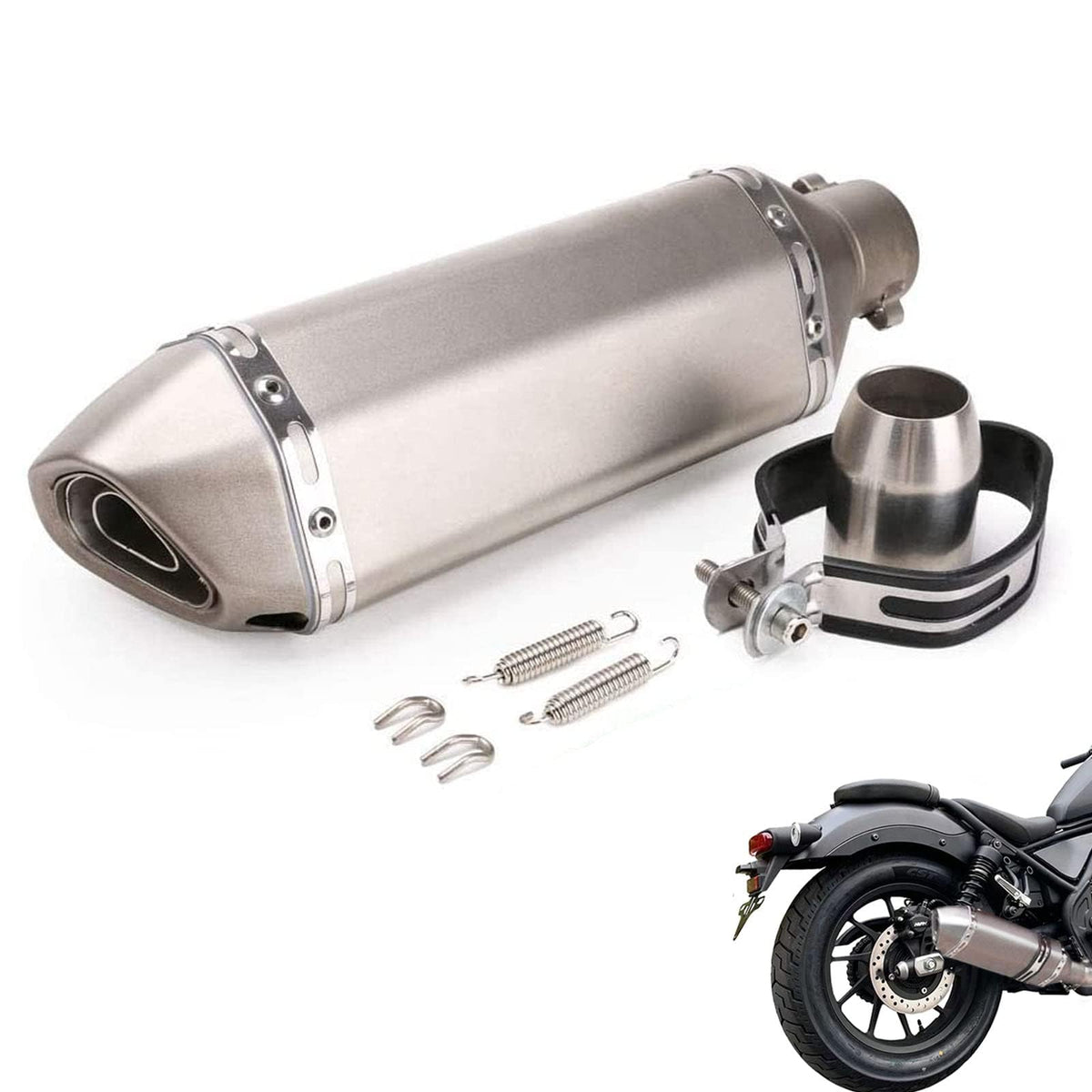 Tesmirror muffler front angle showing titanium finish and compact design benefit improved aesthetics