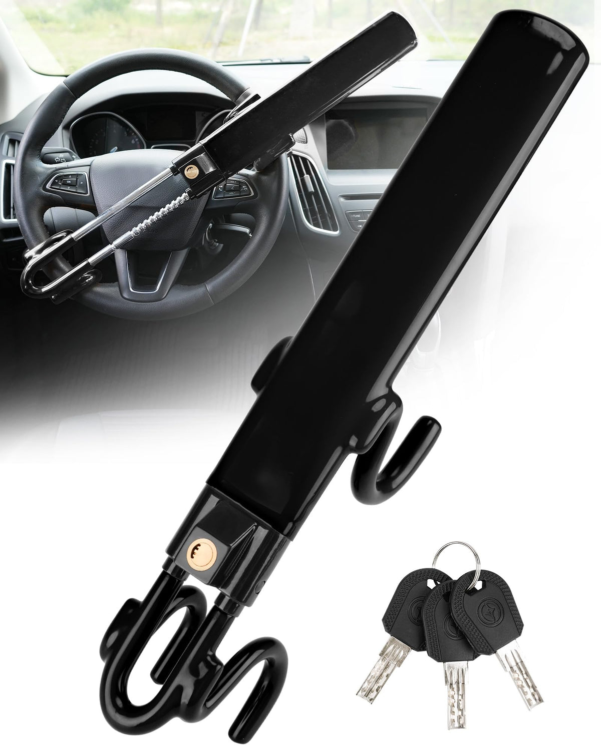 Tevlaphee front view on steering wheel showing visible deterrent benefit