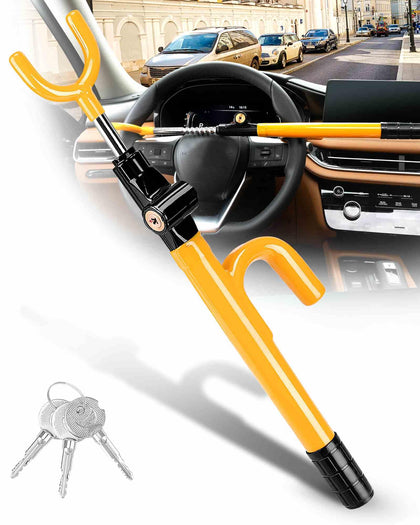 Tevlaphee front view showing yellow steering wheel lock and visible deterrent