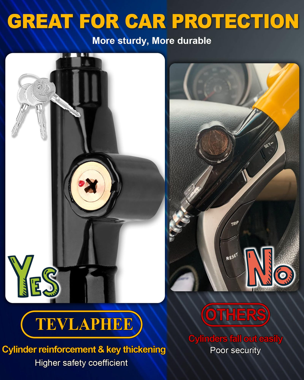 Tevlaphee visible on parked car steering wheel, deters potential thieves