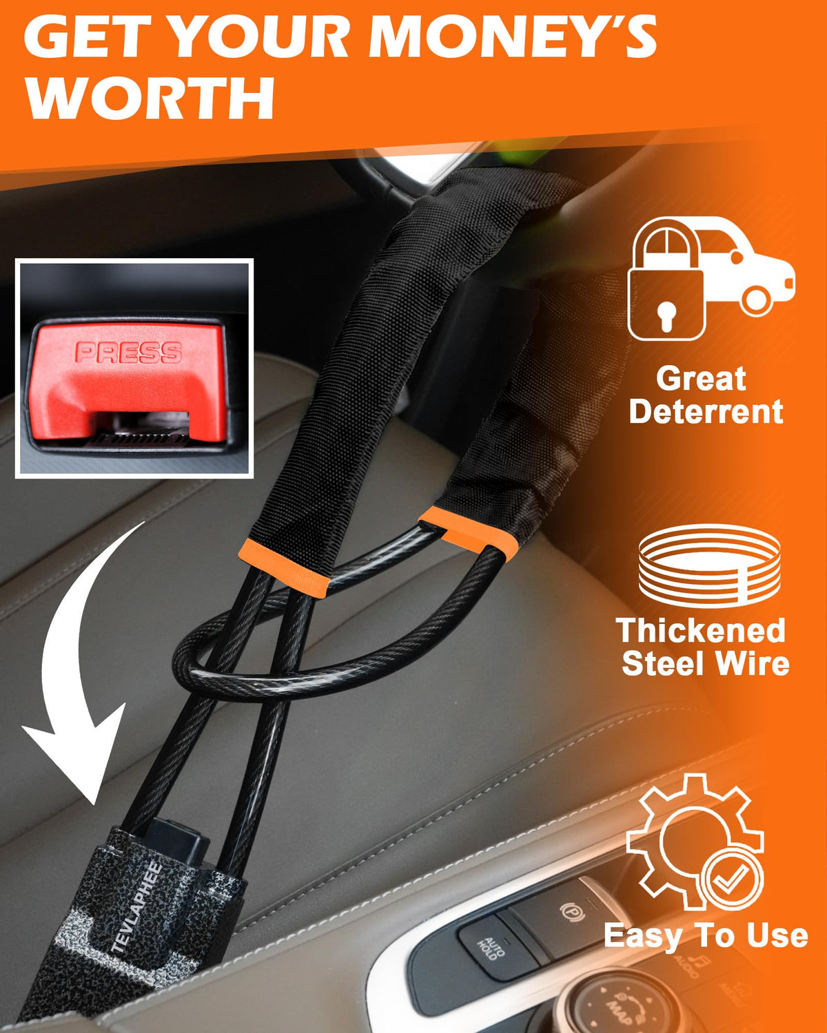 Tevlaphee on parked car steering wheel illustrating visible theft deterrent