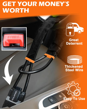 Tevlaphee on parked car steering wheel illustrating visible theft deterrent