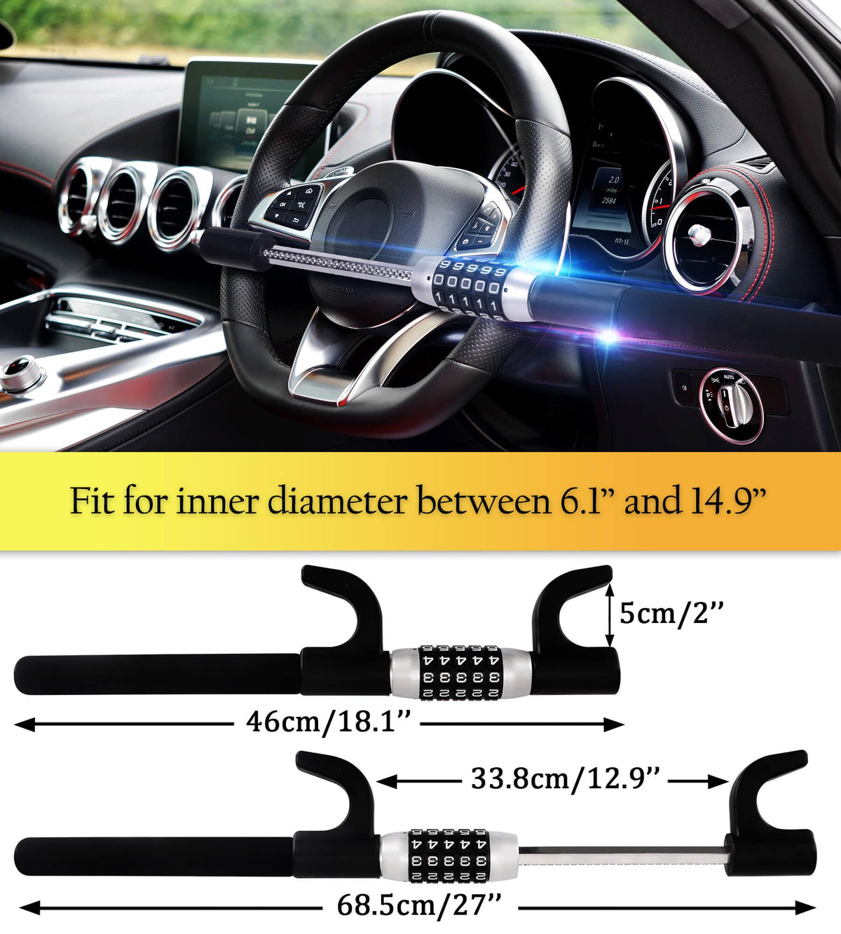 Tevlaphee size comparison beside steering wheel showing universal fit range