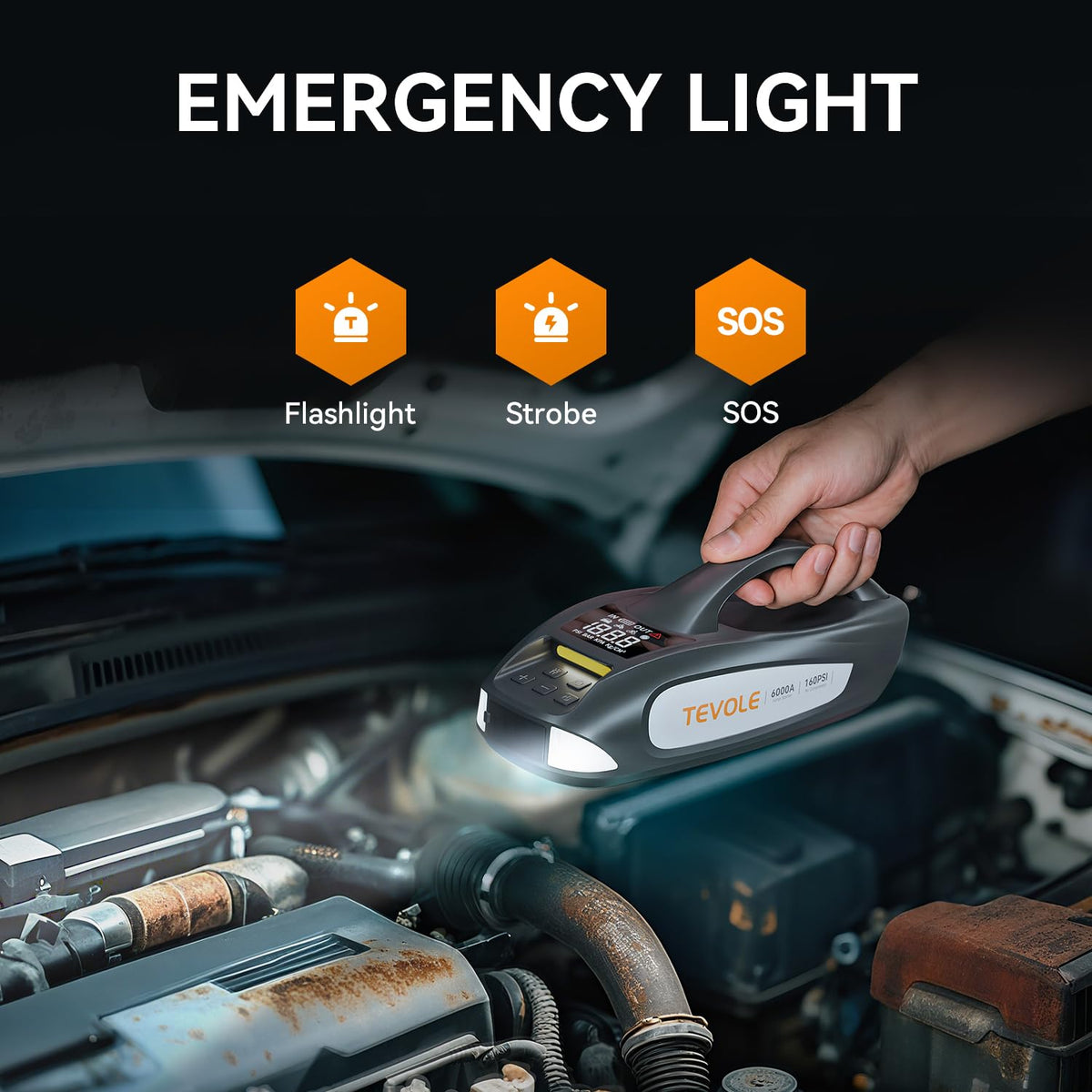 TEVOLE flashlight and USB ports highlighting portable charging and emergency lighting