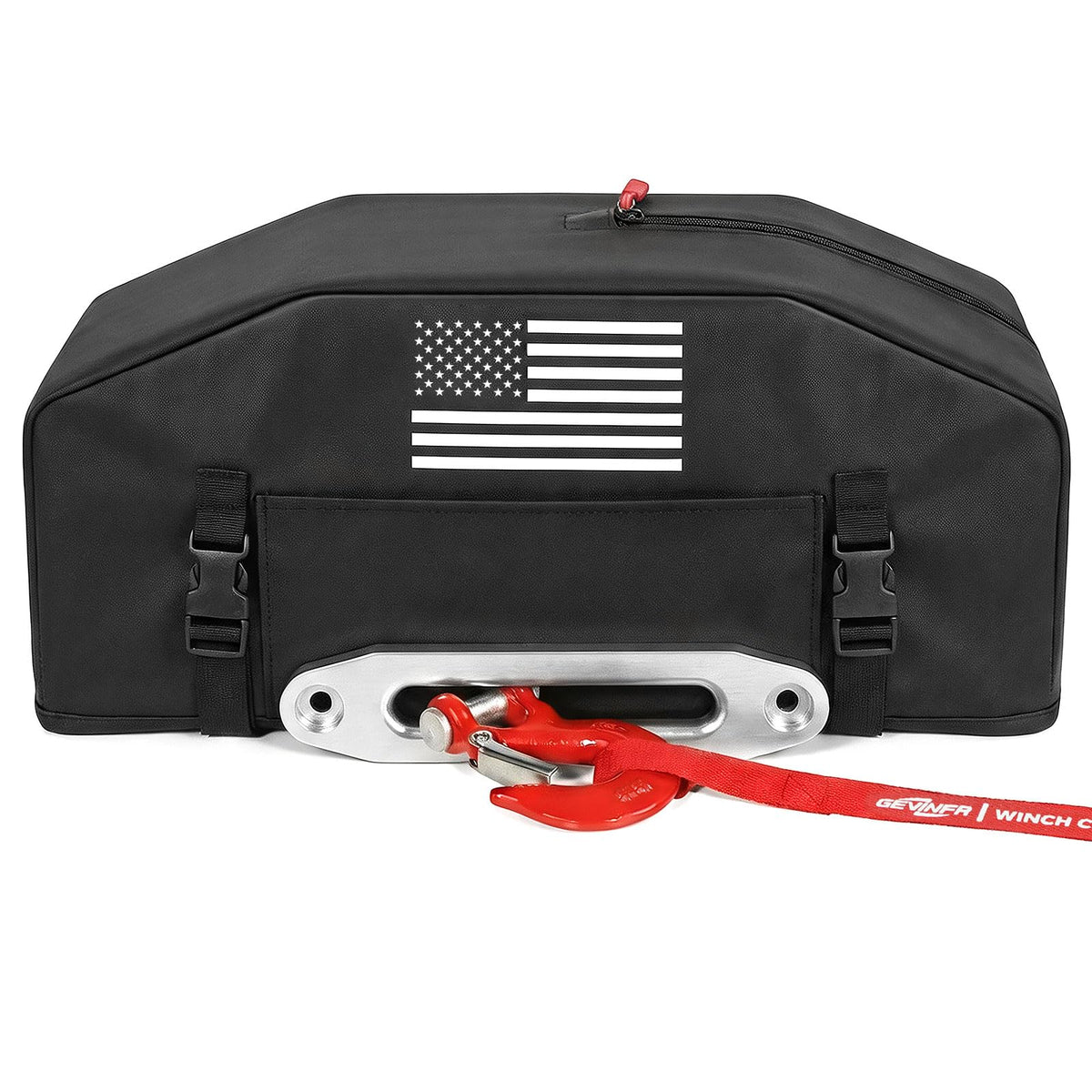 Tewgug front view with top zipper closed showing full winch protection benefit