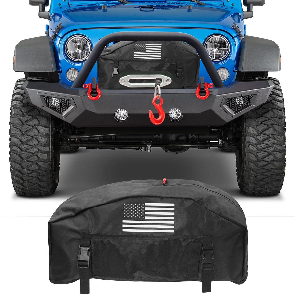 Tewgug cover placed next to a 12k winch showing correct size fit
