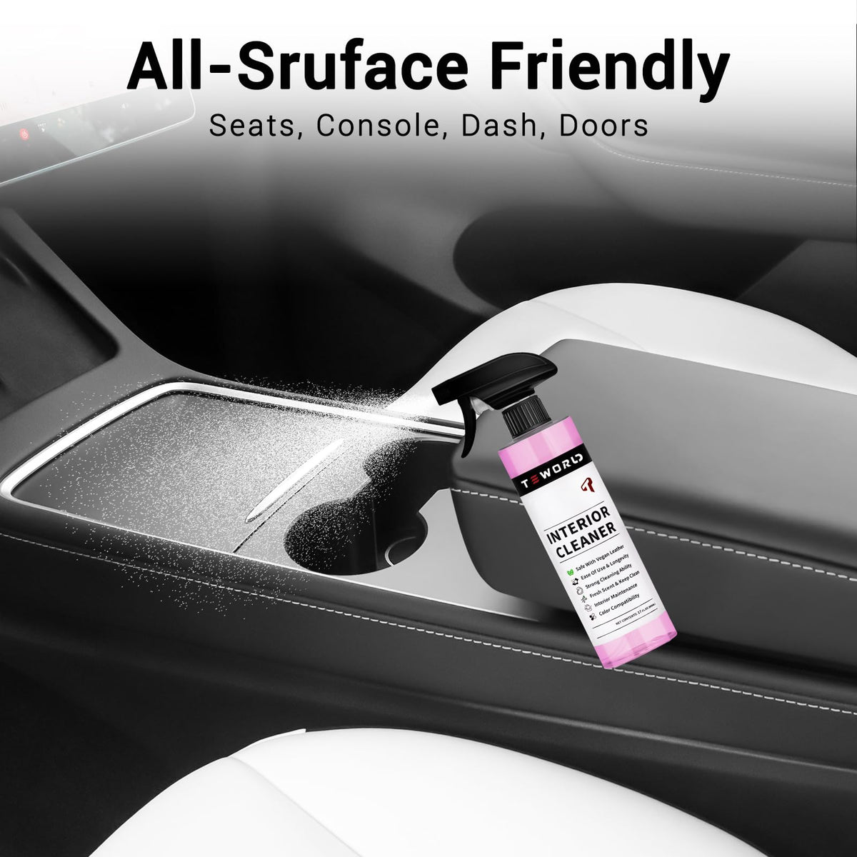 teworld cleaning console in-use inside Tesla, keeps cabin surfaces fresh
