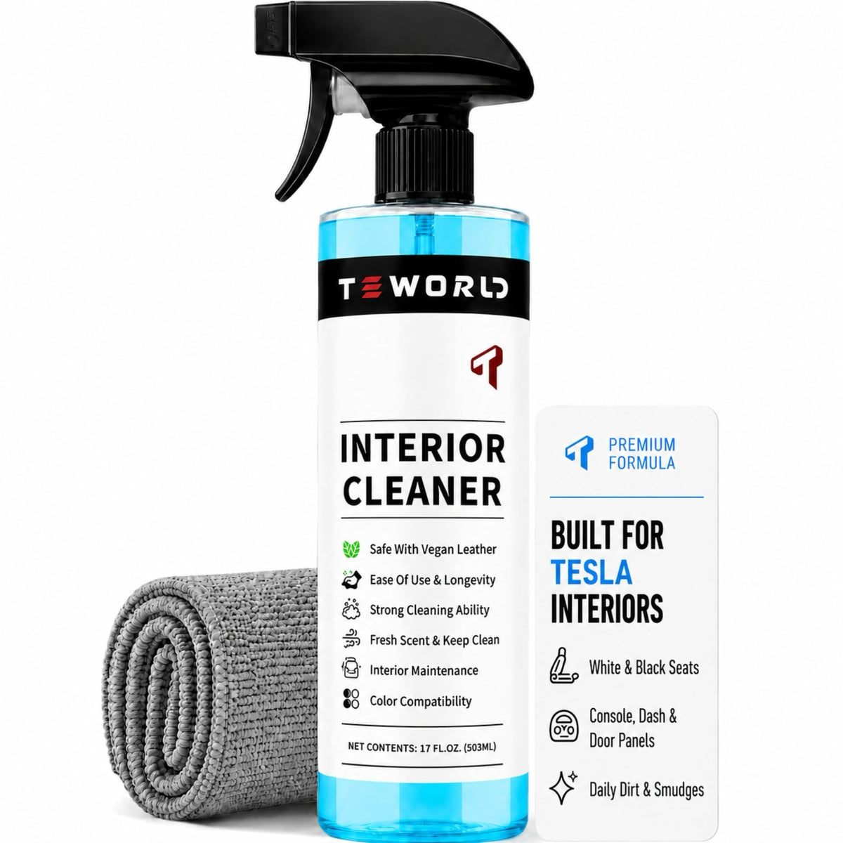 teworld front packaging 17oz bottle showing label and towel, promotes easy maintenance